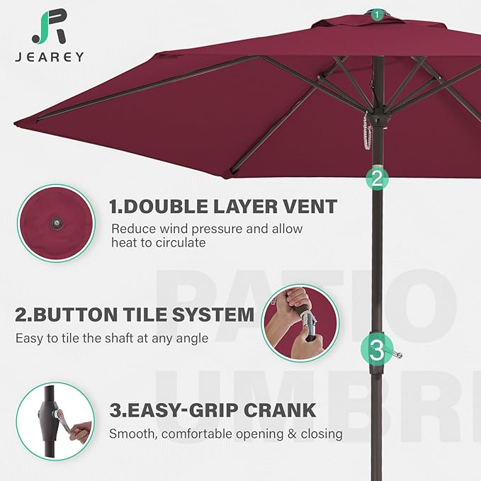 JEAREY 7.5FT Patio Umbrella Market Table Umbrella with 6 Sturdy Ribs, Push Button Tilt/Crank Outdoor Umbrella for Garden, Deck, Backyard, Pool and Beach,Burgundy