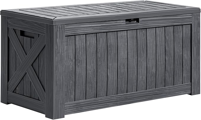 Greesum 120 Gallon Deck Box, Resin Outdoor Storage Container for Patio Furniture, Garden Tools, Pool Accessories, Weatherproof, Lockable, Gray