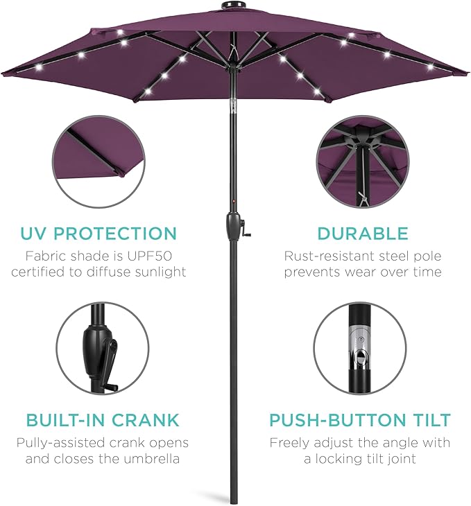 Best Choice Products 7.5ft Outdoor Solar Market Table Patio Umbrella for Deck, Pool w/Tilt, Crank, LED Lights - Amethyst Purple