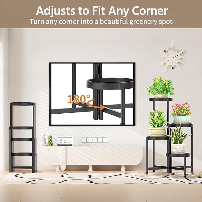 LASZOLA 4 Tiered Folding Plant Stand Indoor for Multiple Large Planter, Tall Heavy Duty Adjustable Rack with Rust Proof Plastic Shelving, Sturdy Vertical Tree Organizer for Narrow Inside Floor, Black