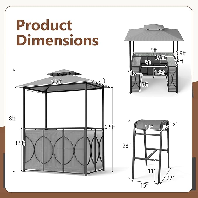 Tangkula 3-Piece Patio Bar Set, Grill Gazebo & 2 Bar Stools with Tempered Glass Bar Table, Metal Storage Shelves, Glass Holders, Double-Tier Soft Top Canopy BBQ Gazebo Shelter for Patio Garden (Grey)