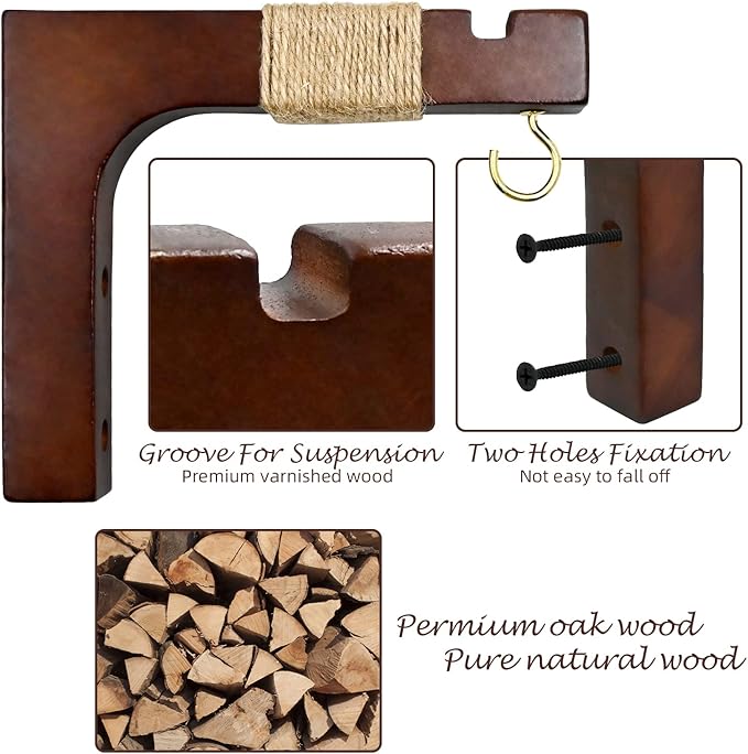 Plant Hanger Hooks for Indoor Hanging Plants, 2 Pack Rustic Farmhouse Wooden Hanging Basket Wall Bracket Plant Hooks for Indoor Outdoor Flower Pots Lanterns Wind Chime Balcony Light Garden Decoration