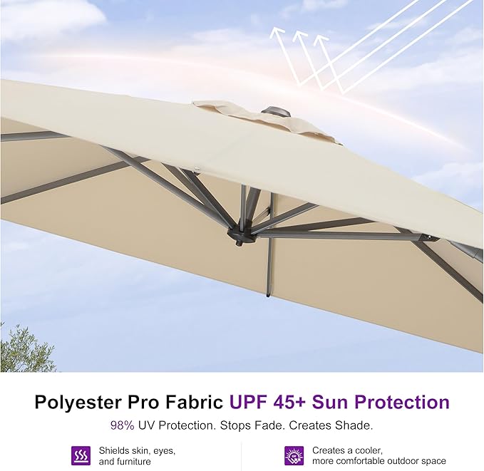 PURPLE LEAF 10 Feet Patio Umbrella Outdoor Cantilever Square Umbrella Aluminum Offset Umbrella with 360-degree Rotation for Garden Deck Pool Patio, Beige