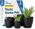 Lifemaster Plant Pots with Multi Drainage Holes - 5 Pieces Versatile, Sturdy Plastic, Stackable Design Home Decor Flower Pots for Indoor and Outdoor Gardening - Black