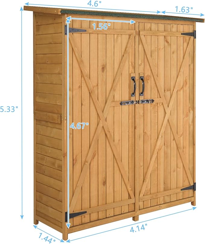 Outvita Outdoor Storage Cabinet with Waterproof Roof, Double Lockable Doors Garden Shed with 2 Removable Shelves, Wooden Storage Shed with Large Storage Space for Yard Garge Patio Deck Porch（Natural）