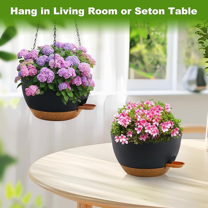 10 inch Hanging Planters for Indoor Plants, 3 Pack Self-Watering Hanging Planter Pots with Chain and Drainage Holes, Outdoor Hanging Baskets for Garden Home Decor (Black With Brown, 3pcs/10inch)