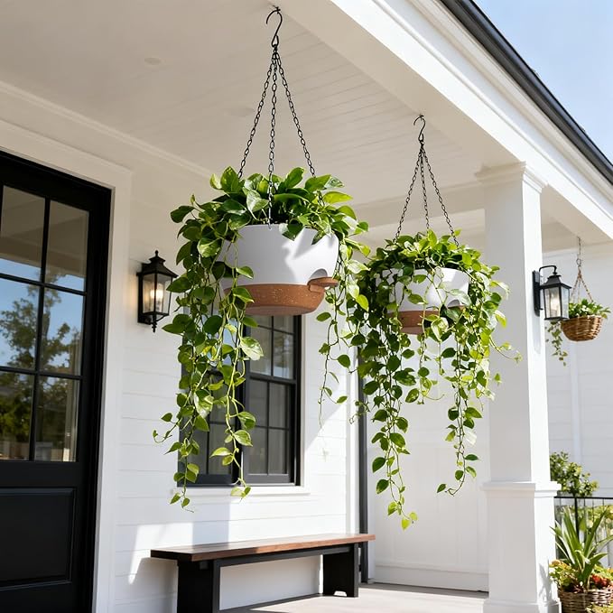13 Inch 2 Pack Large Self Watering Hanging Planters for Indoor Outdoor Plants, Hanging Plant Pots with Removable 50 Oz Reservoir, Plastic Hanging Basket for Window Porch Garden, White with Brown