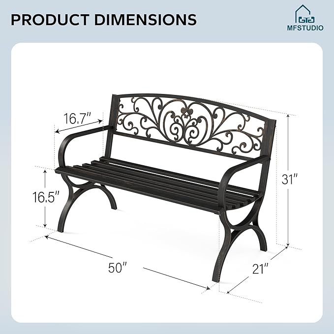 MFSTUDIO 50 Inches Outdoor Garden Bench, Cast Iron Metal Frame Patio Park Bench with Floral Pattern Backrest, Arch Legs for Porch, Lawn, Yard-Bronze