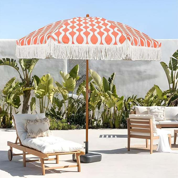 AMMSUN 7ft Patio Umbrella with Fringe Outdoor Tassel Umbrella UPF50+ Premium Steel Pole and Ribs Push Button Tilt, Wave Pink Champagne