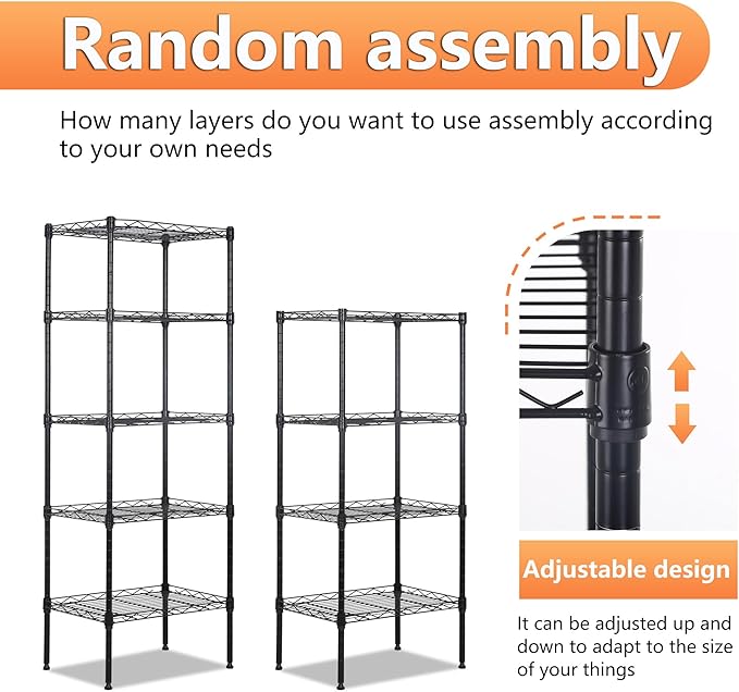 BestOffice | 5-Tier Wire Storage Shelves | 17x12x48 | Black | with Adjustable Racks | Heavy-Duty Metal Shelf, Holds Upto 750 lbs | No-Tool Assembly | Ideal for Home & Garage Shelving