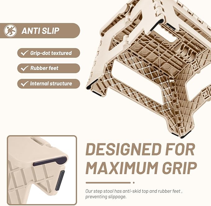 Delxo Folding Step Stool,9 Inch Lightweight Plastic Stepstool,Portable Collapsible Foldable Step Stool Non Slip Folding Stools for Kitchen Bathroom Bedroom in Khaki,1 Pack