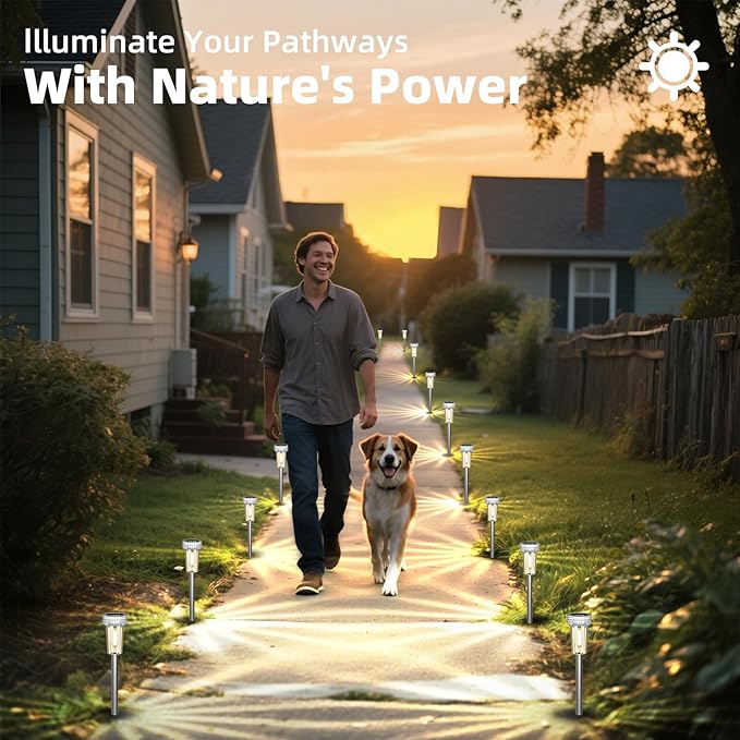 DERAYSION Solar Lights Outdoor, 8 Pack Solar Pathway Lights Waterproof Garden Lighting,Stainless Steel Pole Auto Dusk-to-Dawn Starburst for Path, Yard, Walkway, Driveway, Landscape(2700K Warm White)