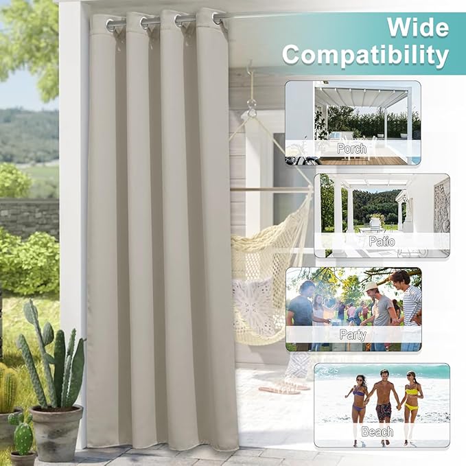 NICETOWN 2 Panels Natural Outdoor Curtains for Patio Waterproof, Thermal Insulated Rustproof Grommet Light Blocking Indoor Outdoor Window Treatment Room Darkening for Gazebo, W52 x L95