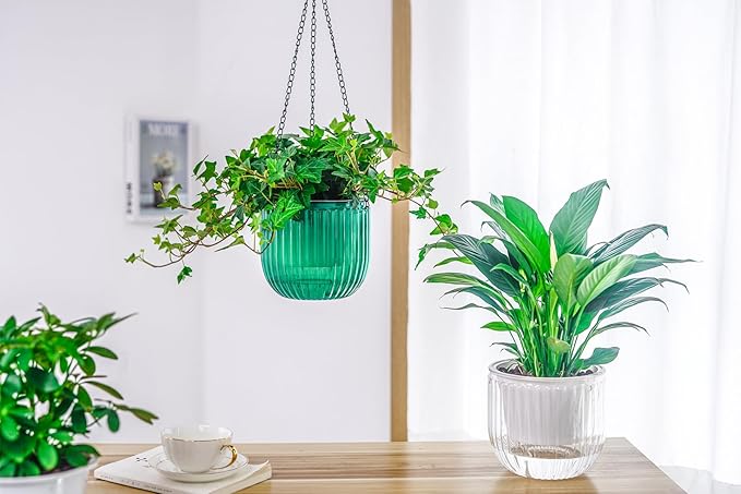 Melphoe 2 Pack Self Watering Hanging Planters Indoor Flower Pots, 6.5 Inch Outdoor Hanging Plant Pot Basket, Plant Hanger with 3Hooks Drainage Holes for Garden Home