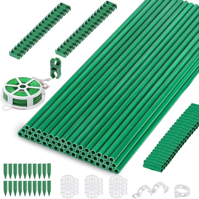Cludoo 162PCS Garden Stakes Set with 50 Sets Fiberglass Plant Stakes Sticks Supports and Accessories, DIY 4ft 5ft 6ft 7ft Tomato Stakes for Tomato,Vegetables, Pepper, Fences Indoor Outdoor Plants