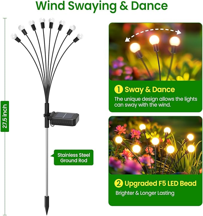 LETMY Solar Lights Outdoor, 4 Pack 32 LED Swaying Solar Garden Lights, Firefly Light for Outdoor Decorations, Garden Decor with Big Bulb & Larger Panel, Unique Gifts for Women, Gifts for Grandma