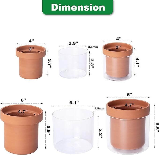 Phoenix Vine 4 Inch 6 Inch Self Watering Planter Pots, Terracotta Clay Pots with Glass Reservoir for Indoor Plants, Herbs, Flowers, 52-A-G-46