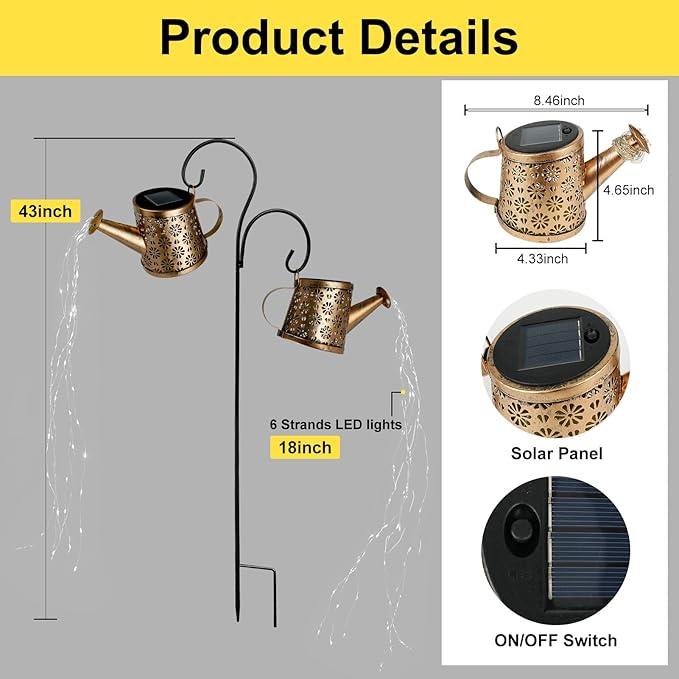 Solar Watering Can Lights Outdoor, IP65 Waterproof Garden Decor Solar Garden Light 8 Multi-Color Changing Modes One Pole Two Lights Outdoor Decorations for Yard, Lawn, Patio