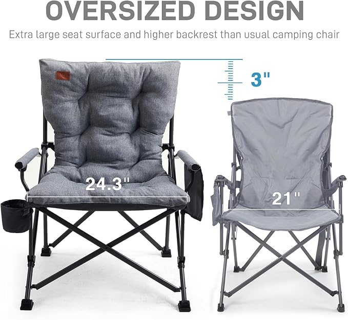 EVER ADVANCED Padded Oversized Folding Camping Chair for Adults, Heavy Duty Lawn Chair with Side Pockets, Portable Collapsible Quad Chair for Outside, Support Up to 500lbs, Grey 2Pack
