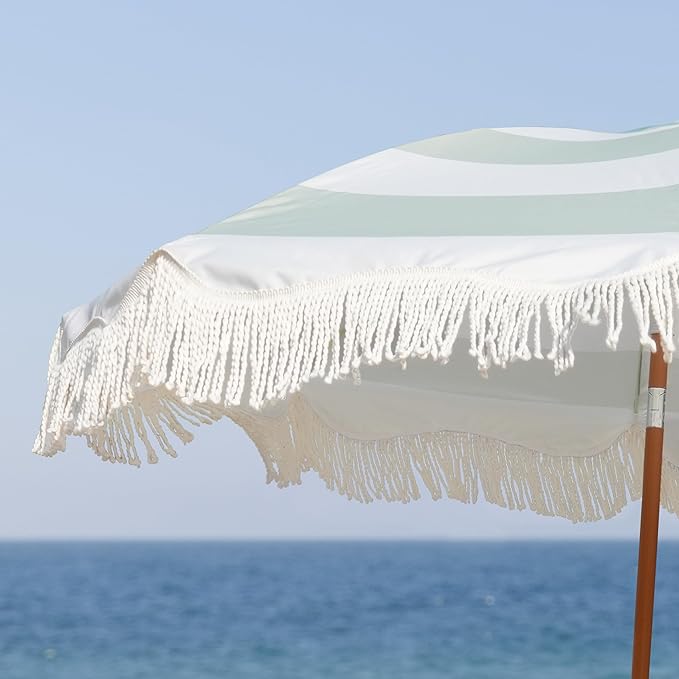 AMMSUN Boho Fringe Umbrella Outdoor Patio, 6.5ft UPF50+ Picnic Umbrella with Tassels with Steel Pole and Push Button Tilt, Vintage Green Stripe