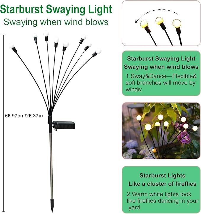 Solar Garden Lights Outdoor, 2 Pack 20 LED Solar Firefly Lights Waterproof, Sway by Wind, Swaying Light for Yard Patio Backyard Garden Planter Flower Bed Pathway Outdoor Decoration (Warm White)