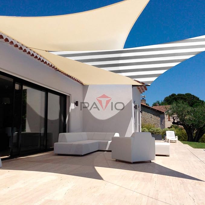 Patio Paradise 2' x 2' x 2' Sun Shade Sail Triangle Canopy Shade Cloth Fabric Sunlight Block Patio Pergola Cover HDPE Deck Awning for Outdoor Backyard Roof Shading, Gray White Strip