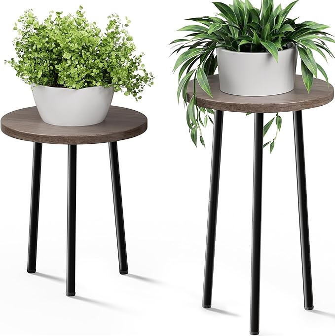 Plant Stand Indoor Tall: Corner Wood Plant Stand 2 Pack Mid Century Modern Decor - Small Round Plant Table for Indoor Plants - Outdoor Plant Holder for Patio Living Room Bathroom Office (Grey Wood)