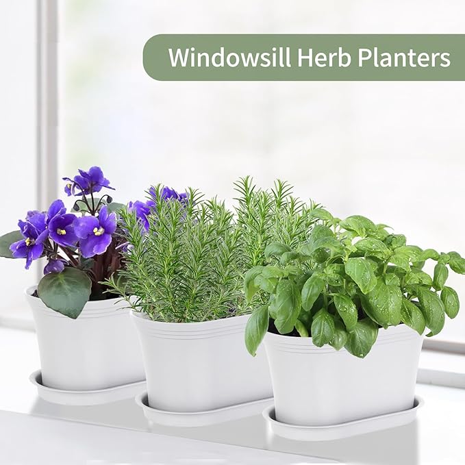 Windowsill Garden Pots, White Plastic Flower Pots with Drainage Tray for Herb, Succulents, African Violet (Pack of 6)