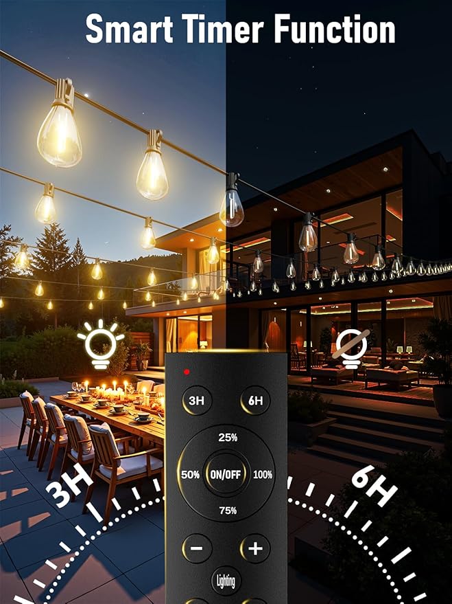 luckystyle 150FT LED Outdoor String Lights with Remote, 55+2 Shatterproof Bulbs Waterproof and Dimmable Patio Lights for Porch, Garden, Backyard, Deck, Balcony, 2700K Hanging Lighting