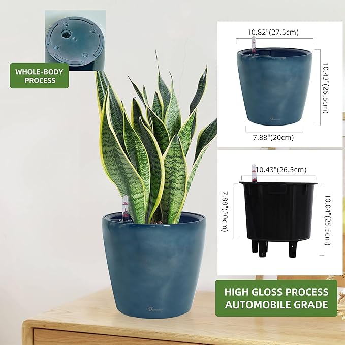 Dexceder 11x10 Inches Self Watering Planter Indoor Outdoor, Inner Pot Design, Thickened Table Flower Plant Pot with Water Level Indicator (Grayish Green Gradient)