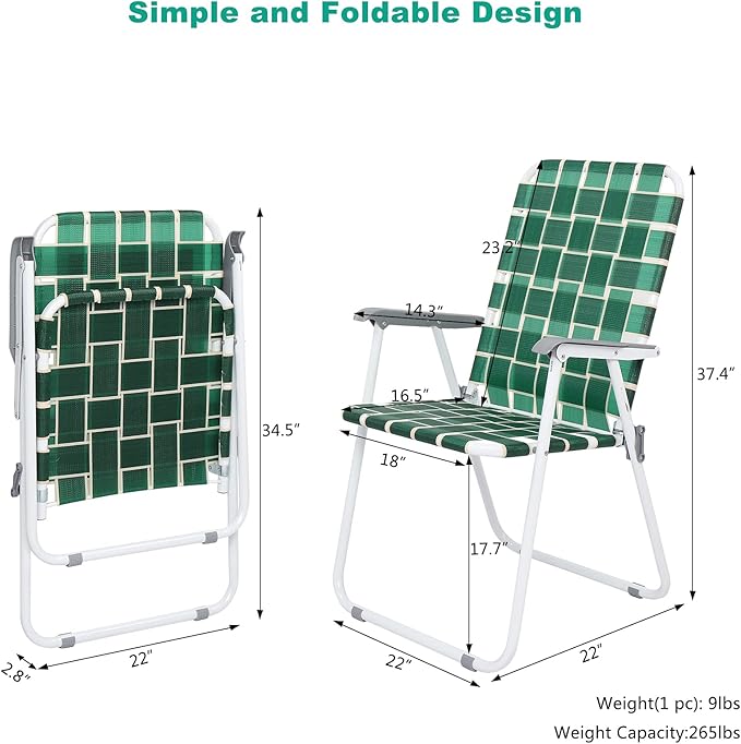 VINGLI Patio Lawn Webbed Folding Chairs Set of 4, Outdoor Beach Chair Portable Dining Chair for Outdoor Yard, Garden (Dark Green, Classic)