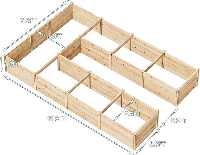 AMERLIFE U-Shaped Raised Garden Bed, 7.5Wx12Dx1.6H Outdoor Wooden Raised Garden Bed Planter with 19.6" Depth Planter Box