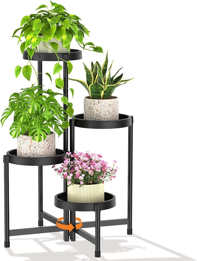 LASZOLA 4 Tiered Folding Plant Stand Indoor for Multiple Large Planter, Tall Heavy Duty Adjustable Rack with Rust Proof Plastic Shelving, Sturdy Vertical Tree Organizer for Narrow Inside Floor, Black
