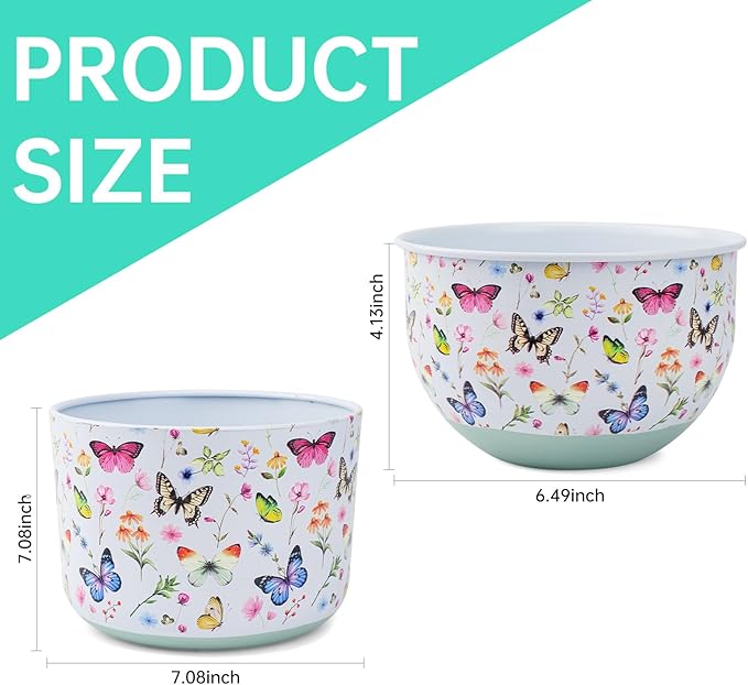 Butterfly & Bee Metal Planters Set of 2 – Decorative Flower Pots with Colorful Garden Prints, Outdoor & Indoor Use Cute Spring Floral Design for Patio, Balcony, Home Decor (Butterfly)