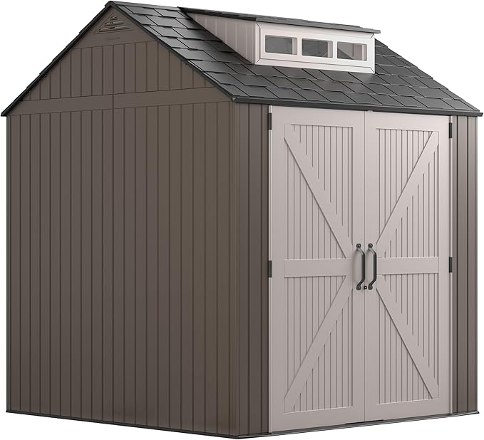 Rubbermaid Large Resin Outdoor Storage Shed With Floor (7 x 7 Ft.), Weather Resistant, Brown, Organization for Home/Lawn Mower/Backyard Equipment/Bike Storage/Pool Supplies