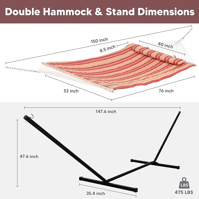 SUNCREAT Hammocks Portable Hammock with Stand, Hammock with Stand 2 Person Heavy Duty for Bedroom, Backyard, Patio, Balcony, Red Stripe