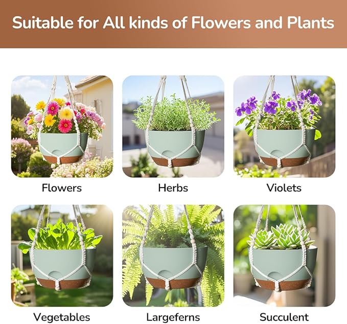 12 Inch Hanging Baskets for Plants Outdoor, Hanging Planters for Indoor Outdoor Plants, Hanging Planter with Self Watering, Hanging Flower Pots (Green Planter with Macrame + Iron Hangers)