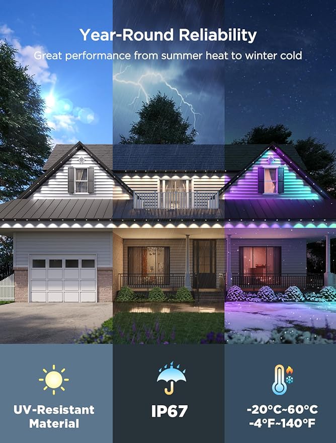 Govee Permanent Outdoor Lights 2, 150ft RGBIC Outdoor Lights with 108 LED Lights, IP67 Waterproof, 100 Scene Modes with 40lm White for Outdoor Decorations, Works with Alexa, Google Assistant, White