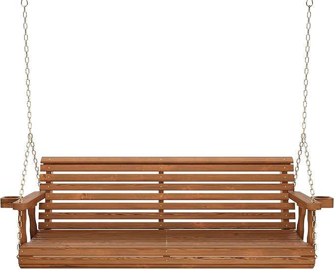 Amish Casual 4 Foot Roll Back Porch Swing with Cup Holders in Oak Stain - Amish Made in The USA from Treated Pine Heavy Duty 700 Lb. Weight Capacity