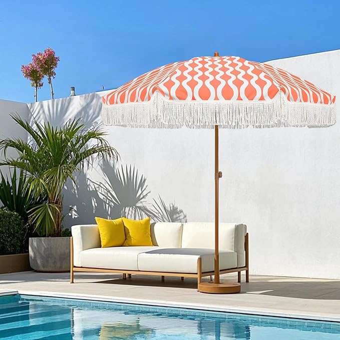 AMMSUN 7ft Patio Umbrella with Fringe Outdoor Tassel Umbrella UPF50+ Premium Steel Pole and Ribs Push Button Tilt, Wave Pink Champagne