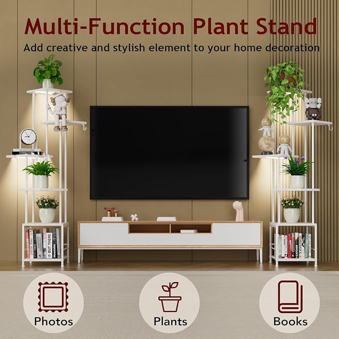 Plant Stand Indoor with Grow Light, 6-Tiered Tall Plant Stand Indoor, Metal Plant Shelf with Hanging Basket Hook and Adjustable Light, Ideal for Living Room, Garden, Patio white