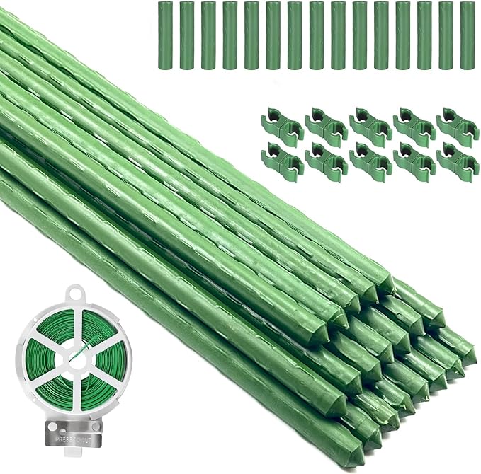 Garden Stakes Kit, 20 Sets 16 inch 0.43" in Diameter Steel Plant Stick Support (with Accessories Total 46 pcs), DIY 3ft 4ft 5ft 6ft 7ft Sturdy Tomato Stakes for Indoor & Outdoor Gardening Supplies