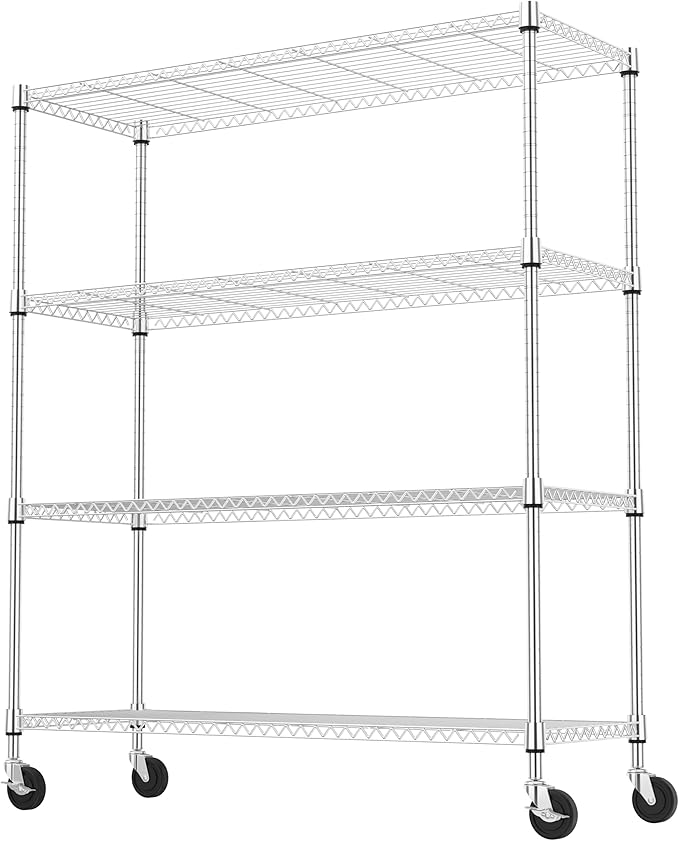 4 Tiers Storage Shelves Load 1400LBS, Metal Shelving Wire Metal Shelving Unit Shelves for Storage Adjustable Garage Shelving for Pantry Kitchen Garage Chrome 17.7" D x 47.3" W x 62.7" H