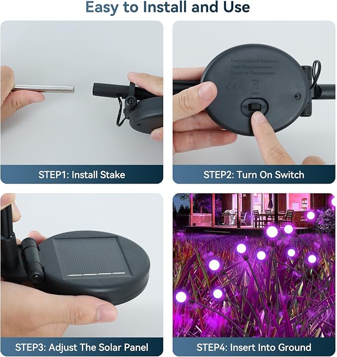 Solar Garden Lights Outdoor Waterproof, 4 Pack 32 LED Swaying Light Firefly Light Outdoor Decor Lights for Garden Gifts for Pathway Party Christmas Decoration, Purple