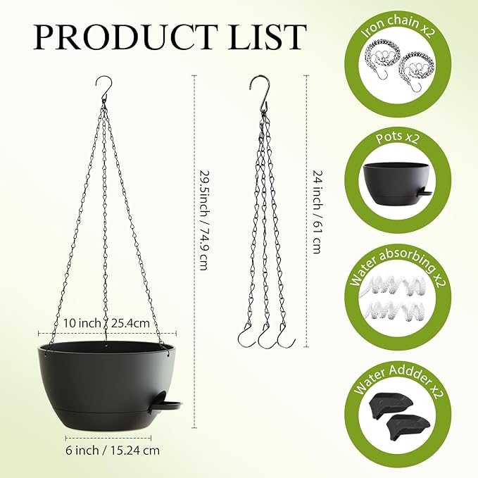 10 Inch Hanging Baskets 2 PC with Chains, Self-Watering Hanging Planters for Indoor Outdoor Plants, Plastic Hanging Flower Pots,Black