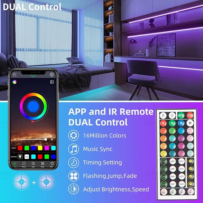 KSIPZE 100ft Led Strip Lights RGB Music Sync Color Changing Led Lights with Smart App Control Remote Led Lights for Bedroom Room Lighting Flexible Home Décor