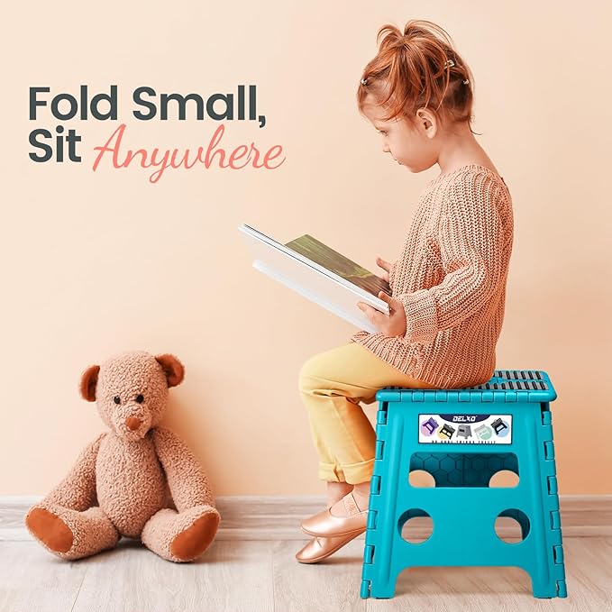 Delxo Folding Step Stool 13 Inch Non-Slip Foldable Stools for Kids & Adults Up to 300 LBS Kitchen Collapsible Fold Up Stepping Stool with Dotted 1 Pack Blue