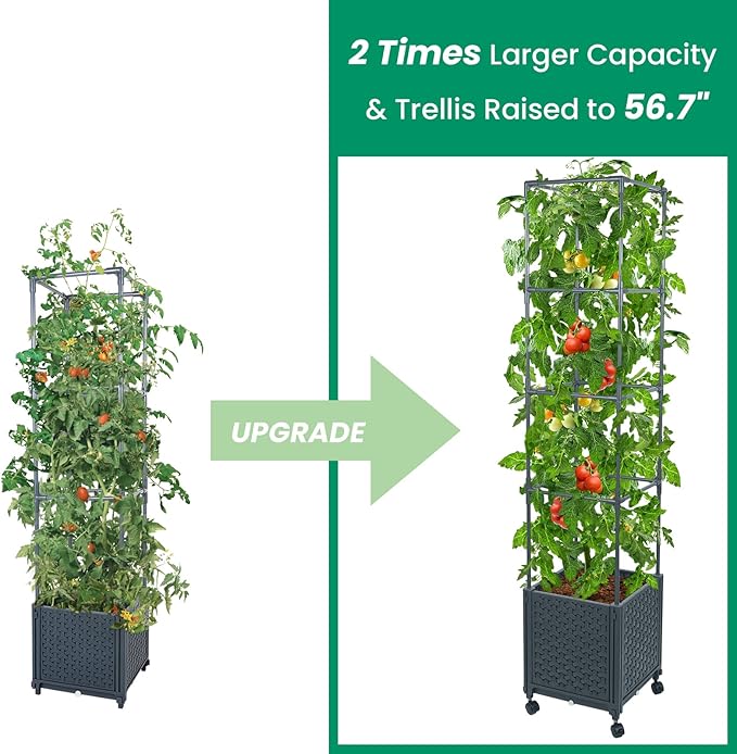 GREEN MOUNT Raised Garden Bed Planter Boxes with Trellis for Climbing Vegetables Plants, 56.7" Tomatoes Planters Outdoor Tomato Cage w/Wheels