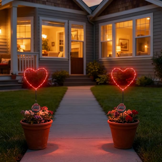 Solar Heart Garden Stake Light with Copper Wire LED - Red Light - Metal Frame Valentine's Day Outdoor Decor for Yard Patio Pathway - Waterproof Red Heart Shaped Solar Lights, Lawn Decor, Gift