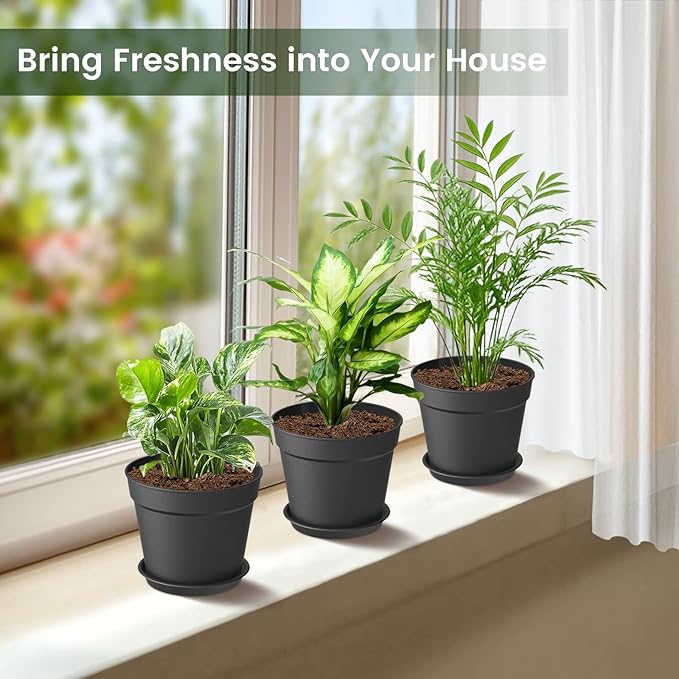10 Pack 6 Inch Plant Pots with Drainage and Saucers, Black Plastic Flower Pots for Indoor and Outdoor Plants, Stackable Nursery Planters for Houseplants and Herbs, Black